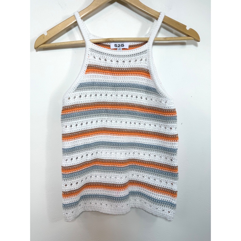 525 America Revolve Jinney Halter Crochet Tank Top White Orange Striped 70s XS